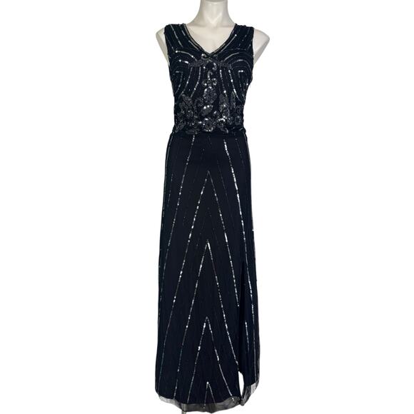 Black Sequin Illusion Sheer Maxi Dress Size Large Glam Great Gatsby Art Deco - Picture 2 of 11